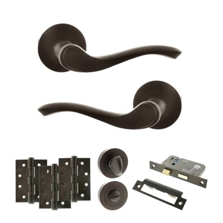 Old English Warwick Door Handle Pack (Bathroom Set - 2.5" CE Bathroom Lock, 4" Fire Rated Hinges x3) - Urban Dark Bronze