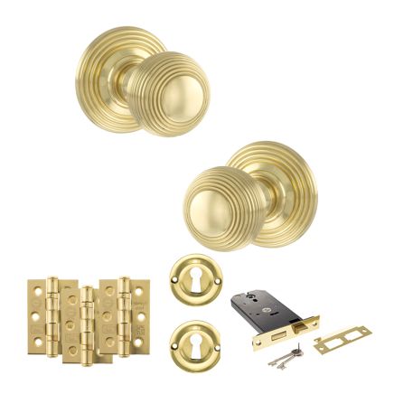 Old English Ripon Door Knob Pack (Lock Set - Horizontal Sashlock, 3" Fire Rated Hinges x3) - Polished Brass