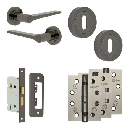 Complete Gio Door Handle Pack - Sashlock - Black Nickel - 65mm / 4-inch Hinges - JE-E7A8-BN