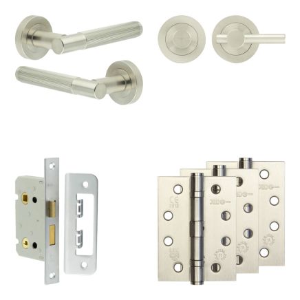 Complete Venice Door Handle Pack - Bathroom Lock (Plain Thumb Turn) - Satin Nickel - 65mm / 4-inch Hinges - JE-F5A2-SN
