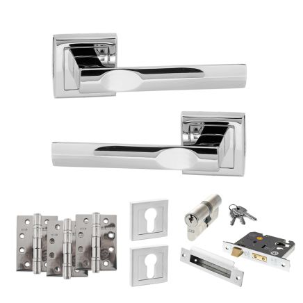 STATUS Kansas Door Handle Pack (Euro Lock Set - 3" CE Sashlock, 4" Fire Rated Hinges x3) - Polished Chrome