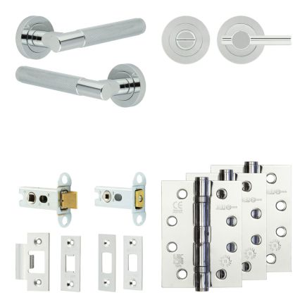 Complete Bari Door Handle Pack - Heavy Duty Tubular Bathroom (Plain Thumb Turn) - Polished Chrome - 64mm / 4-inch Hinges - JE-D30A2-PC