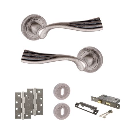 Old English Richmond Door Handle Pack (3 Lever Lock Set - 2.5" CE Sashlock, 4" Slim Knuckle Hinges x2) - Distressed Silver