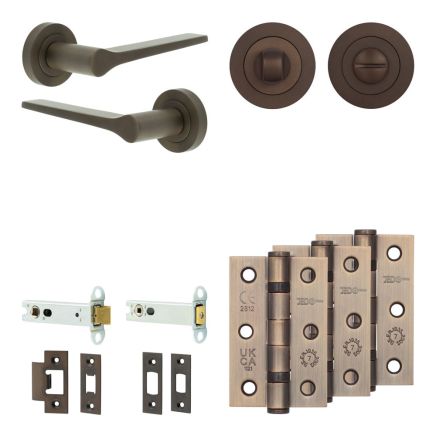 Complete Gio Door Handle Pack - Heavy Duty Tubular Bathroom (Standard Thumb Turn) - Dark Bronze - 102mm / 3-inch Hinges - JE-E32B3-DB