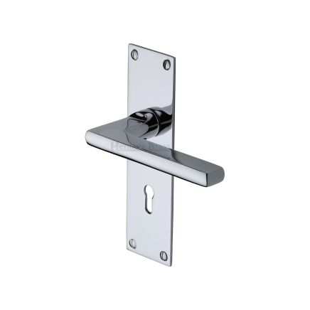 Heritage Brass Door Handle Lever Lock Trident Design Polished Chrome Finish