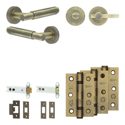 Complete Bloom Door Handle Pack - Heavy Duty Tubular Bathroom (Plain Thumb Turn) - Antique Brass - 102mm / 3-inch Hinges - JE-B32B2-AB