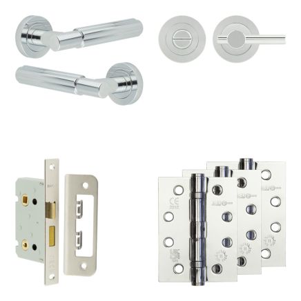 Complete Bloom Door Handle Pack - Bathroom Lock (Plain Thumb Turn) - Polished Chrome - 65mm / 4-inch Hinges - JE-B5A2-PC