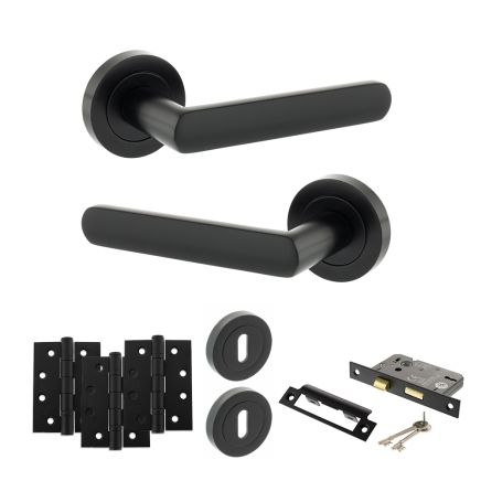 STATUS Carolina Door Handle Pack (3 Lever Lock Set - 3" CE Sashlock, 4" Fire Rated Hinges x3) - Matt Black