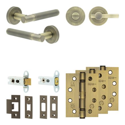 Complete Venice Door Handle Pack - Heavy Duty Tubular Bathroom (Plain Thumb Turn) - Antique Brass - 64mm / 4-inch Hinges - JE-F30A2-AB