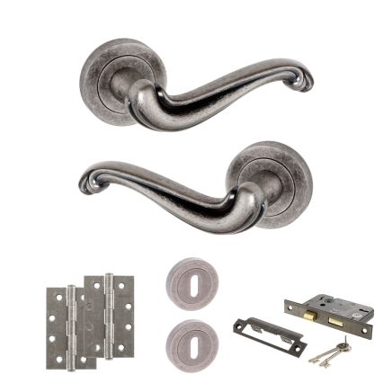 Old English Colchester Door Handle Pack (3 Lever Lock Set - 3" CE Sashlock, 4" Slim Knuckle Hinges x2) - Distressed Silver