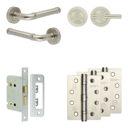 Complete Midtown Door Handle Pack - Bathroom Lock (Knurled Thumb Turn) - Satin Nickel - 76mm / 4-inch Hinges - JE-G6A1-SN