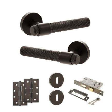 Senza Pari Andretta Door Handle Pack (3 Lever Lock Set - 3" CE Sashlock, 4" Slim Knuckle Hinges x2) - Urban Dark Bronze