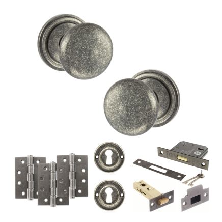 Old English Harrogate Door Knob Pack (Lock Set - 3" Latch & Deadlock, 4" Fire Rated Hinges x3) - Distressed Silver
