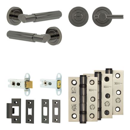 Complete Bloom Door Handle Pack - Heavy Duty Tubular Bathroom (Plain Thumb Turn) - Black Nickel - 64mm / 3-inch Hinges - JE-B30B2-BN