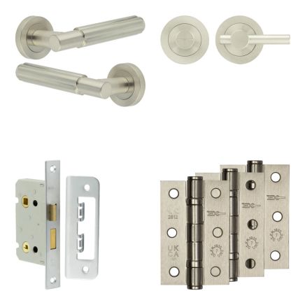Complete Bloom Door Handle Pack - Bathroom Lock (Plain Thumb Turn) - Satin Nickel - 65mm / 3-inch Hinges - JE-B5B2-SN