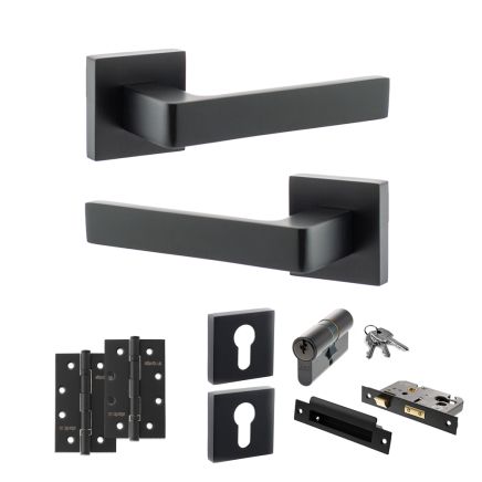 STATUS Montana Door Handle Pack (Euro Lock Set - 3" CE Sashlock, 4" Slim Knuckle Hinges x2) - Matt Black