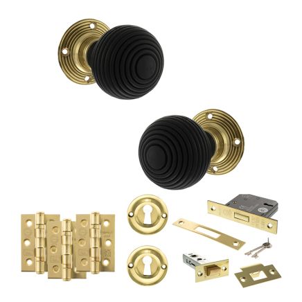 Old English Whitby Door Knob Pack (Lock Set - 3" Latch & Deadlock, 3" Fire Rated Hinges x3) - Polished Brass