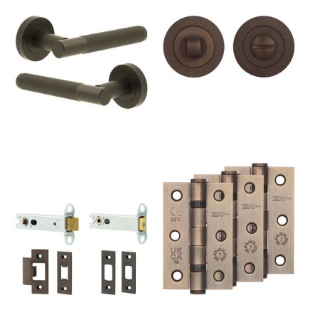 Complete Venice Door Handle Pack - Heavy Duty Tubular Bathroom (Standard Thumb Turn) - Dark Bronze - 102mm / 3-inch Hinges - JE-F32B3-DB