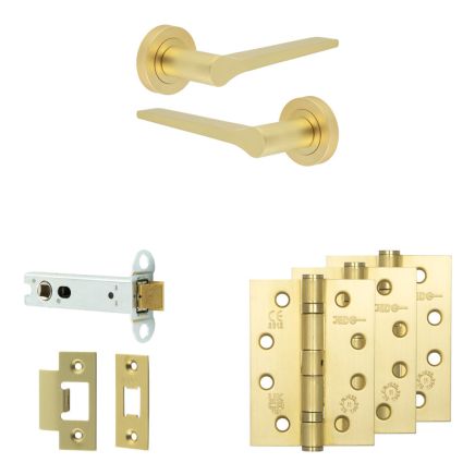 Complete Gio Door Handle Pack - Heavy Duty Latch - Satin Brass - 102mm / 4-inch Hinges - JE-E22A-SB