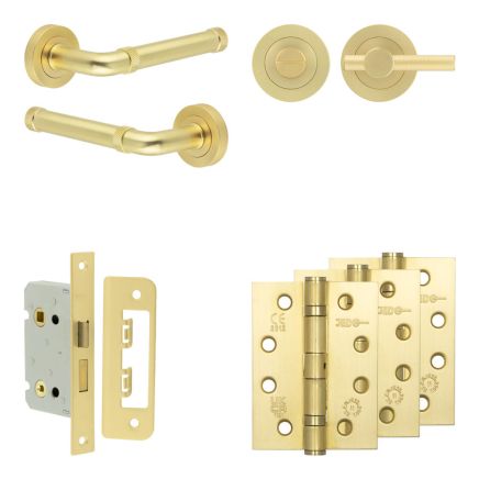 Complete Midtown Door Handle Pack - Bathroom Lock (Knurled Thumb Turn) - Satin Brass - 65mm / 4-inch Hinges - JE-G5A1-SB