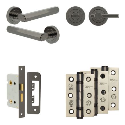 Complete Hex Door Handle Pack - Bathroom Lock (Plain Thumb Turn) - Black Nickel - 65mm / 3-inch Hinges - JE-C5B2-BN