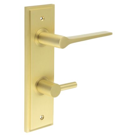 Knightsbridge Door Handle Din Bathroom Backplate Satin Brass & Turn & Release - By Frelan Hardware - BUR-20SB-456SB-82SB