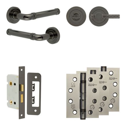Complete Midtown Door Handle Pack - Bathroom Lock (Knurled Thumb Turn) - Black Nickel - 65mm / 4-inch Hinges - JE-G5A1-BN