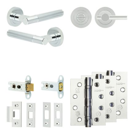 Complete Venice Door Handle Pack - Heavy Duty Tubular Bathroom (Plain Thumb Turn) - Polished Chrome - 64mm / 4-inch Hinges - JE-F30A2-PC
