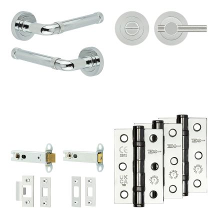 Complete Midtown Door Handle Pack - Heavy Duty Tubular Bathroom (Knurled Thumb Turn) - Polished Chrome - 102mm / 3-inch Hinges - JE-G32B1-PC
