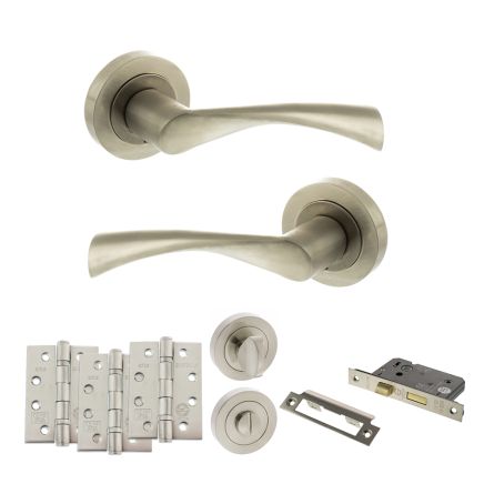 STATUS Colorado Door Handle Pack (Bathroom Set - 2.5" CE Bathroom Lock, 4" Fire Rated Hinges x3) - Satin Nickel