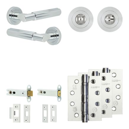 Complete Bloom Door Handle Pack - Heavy Duty Tubular Bathroom (Standard Thumb Turn) - Polished Chrome - 102mm / 4-inch Hinges - JE-B32A3-PC