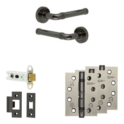 Complete Midtown Door Handle Pack - Heavy Duty Latch - Black Nickel - 76mm / 4-inch Hinges - JE-G21A-BN