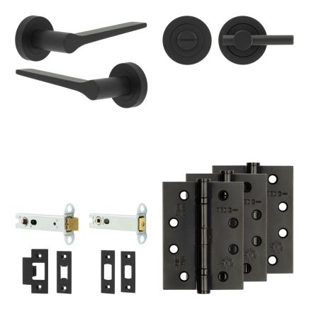 Complete Gio Door Handle Pack - Heavy Duty Tubular Bathroom (Plain Thumb Turn) - Matt Black - 102mm / 4-inch Hinges - JE-E32A2-MB