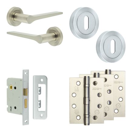 Complete Gio Door Handle Pack - Sashlock - Satin Nickel - 76mm / 4-inch Hinges - JE-E8A8-SN