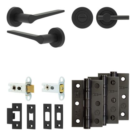 Complete Gio Door Handle Pack - Heavy Duty Tubular Bathroom (Plain Thumb Turn) - Matt Black - 64mm / 3-inch Hinges - JE-E30B2-MB