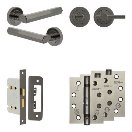 Complete Hex Door Handle Pack - Bathroom Lock (Plain Thumb Turn) - Black Nickel - 65mm / 4-inch Hinges - JE-C5A2-BN