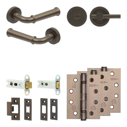 Complete Classic Door Handle Pack - Heavy Duty Tubular Bathroom (Plain Thumb Turn) - Dark Bronze - 76mm / 4-inch Hinges - JE-A31A2-DB