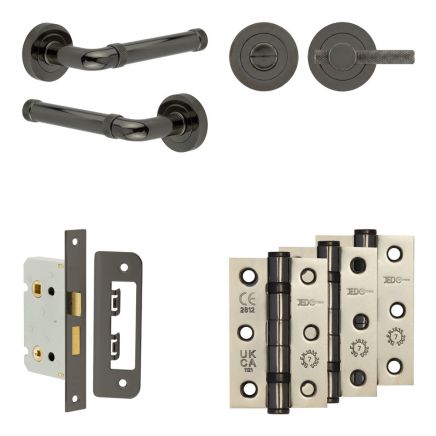 Complete Midtown Door Handle Pack - Bathroom Lock (Knurled Thumb Turn) - Black Nickel - 65mm / 3-inch Hinges - JE-G5B1-BN