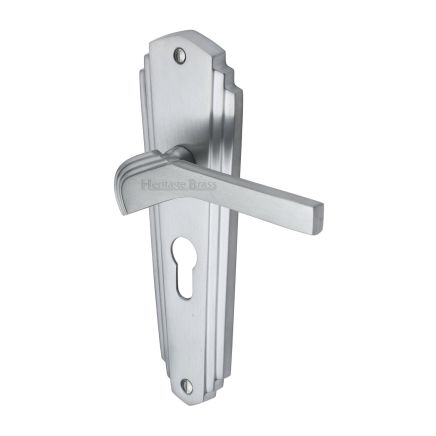 Heritage Brass Door Handle for Euro Profile Plate Waldorf Design Satin Chrome finish