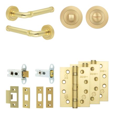 Complete Midtown Door Handle Pack - Heavy Duty Tubular Bathroom (Standard Thumb Turn) - Satin Brass - 64mm / 4-inch Hinges - JE-G30A3-SB