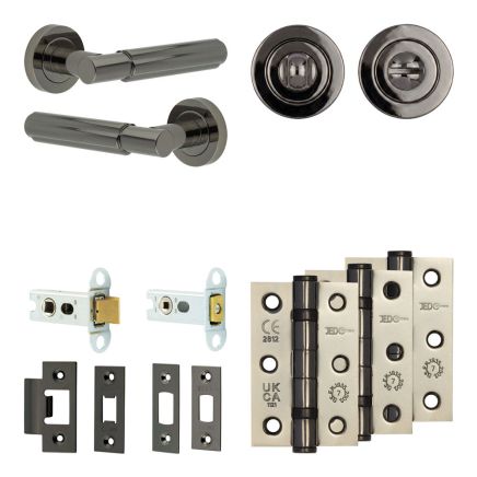 Complete Bloom Door Handle Pack - Heavy Duty Tubular Bathroom (Standard Thumb Turn) - Black Nickel - 64mm / 3-inch Hinges - JE-B30B3-BN