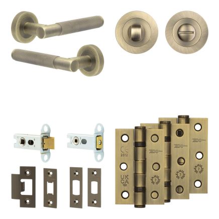 Complete Bari Door Handle Pack - Heavy Duty Tubular Bathroom (Standard Thumb Turn) - Antique Brass - 64mm / 3-inch Hinges - JE-D30B3-AB