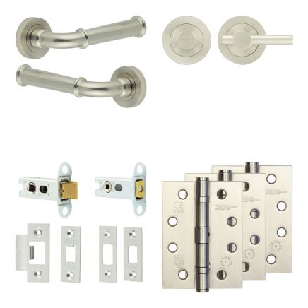 Complete Classic Door Handle Pack - Heavy Duty Tubular Bathroom (Plain Thumb Turn) - Satin Nickel - 64mm / 4-inch Hinges - JE-A30A2-SN