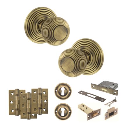 Old English Ripon Door Knob Pack (Lock Set - 3" Latch & Deadlock, 3" Fire Rated Hinges x3) - Matt Antique Brass
