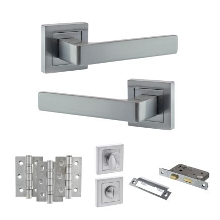 STATUS Montana Door Handle Pack (Bathroom Set - 2.5" CE Bathroom Lock, 3" Fire Rated Hinges x3) - Satin Chrome