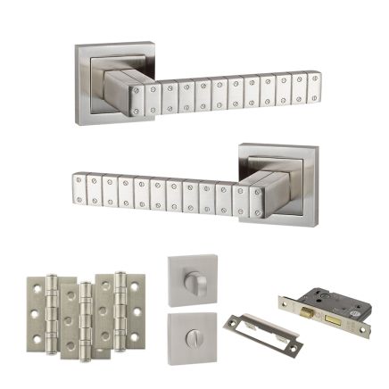 Senza Pari Bianca Door Handle Pack (Bathroom Set - 2.5" CE Bathroom Lock, 3" Fire Rated Hinges x3) - Satin Nickel