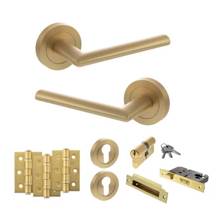 STATUS Alabama Door Handle Pack (Euro Lock Set - 3" CE Sashlock, 3" Fire Rated Hinges x3) - Satin Brass