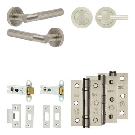 Complete Bari Door Handle Pack - Heavy Duty Tubular Bathroom (Plain Thumb Turn) - Satin Nickel - 76mm / 3-inch Hinges - JE-D31B2-SN