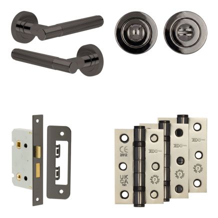 Complete Venice Door Handle Pack - Bathroom Lock (Standard Thumb Turn) - Black Nickel - 65mm / 3-inch Hinges - JE-F5B3-BN