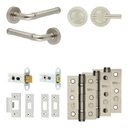 Complete Midtown Door Handle Pack - Heavy Duty Tubular Bathroom (Knurled Thumb Turn) - Satin Nickel - 64mm / 3-inch Hinges - JE-G30B1-SN